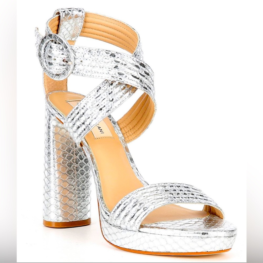 Antonio Melani Camille Metallic Snake Print Buckle Detail Platform Dress Sandals